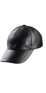 Black Genuine Real Lambskin Black Leather Baseball Cap Hat Solid Black - Picture 1 of 5