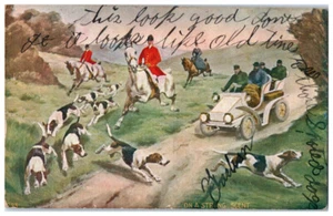 Postcard Fox Hunting Hounds On Strong Scent Red Coat Hunters White Horses 1909 - Picture 1 of 3
