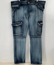 Ecko Unltd. Skinny Cargo Jeans Mid Rise Blue Medium Wash Factory Faded Men 44x32