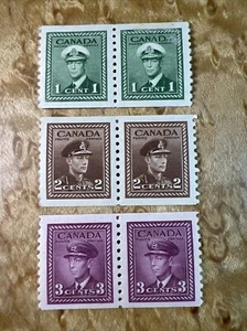 Canada 1943 1 Cent 2 Cent 3 Cent Stamp booklet panes of 2 Lot of x6 UNUSED - Picture 1 of 6