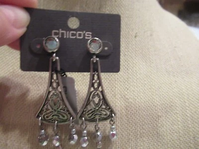 全新 Chico's 古董银色金属吊坠耳环/弯曲、镂空、珠子 — 第 1/4 张图片