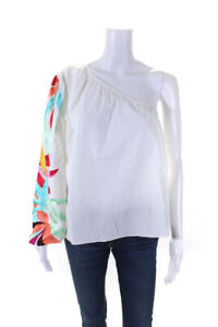 Marie Oliver Womens Embroidered Puff Sleeve One Shoulder Top Blouse White Small