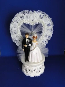 New Elegant Wedding Caketopper with Bride & Groom, lacy heart background #260 - Picture 1 of 7