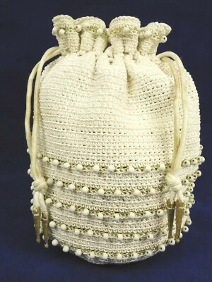 Vintage 1950s Ivory Beaded Crochet Evening Bag Draw String Bucket Purse Handbag - Image 1 of 4