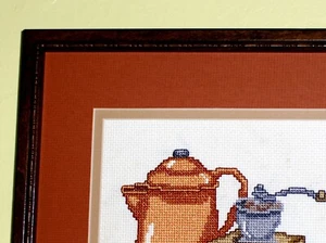 Happy Still Life Morning Coffee Grinder Pot Needlepoint Crewel HANDMADE Framed - Picture 1 of 10