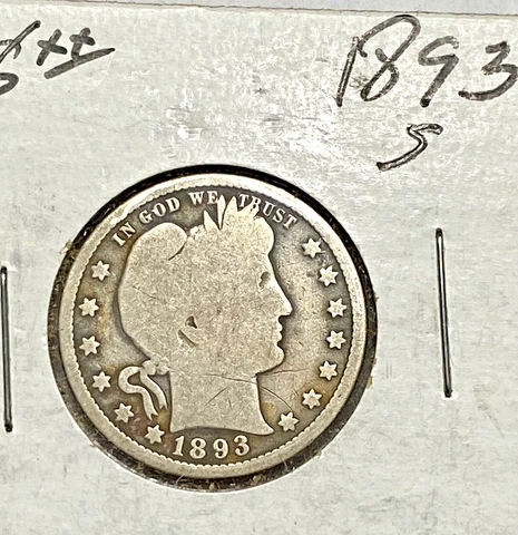 1893-S Barber Quarter - Key Date! G 2 Full Rims Nice Surfaces, Color Cover