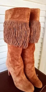 Christian Louboutin Women's Camel Suede Fringed Mid Calf Boots 37/7 - Picture 1 of 6