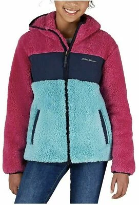NOVO! JAQUETA COM CAPUZ DE LÃ JUVENIL FEMININA SHERPA ROSA AZUL SUÉTER GRANDE Eddie Bauer - Imagem 1 de 4