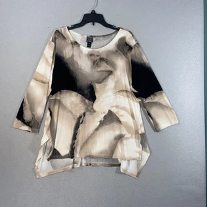 Clara Sun Woo Damen Tunika Bluse 1X beige schwarz abstrakt asymmetrischer Saum - Bild 1 von 11
