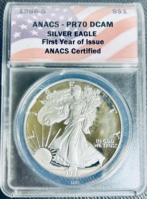 Juego de águilas de plata de prueba 1986-2011 (25) .999 $1 dólar PR-70s caja de exhibición ANACS Foto 1 de 4