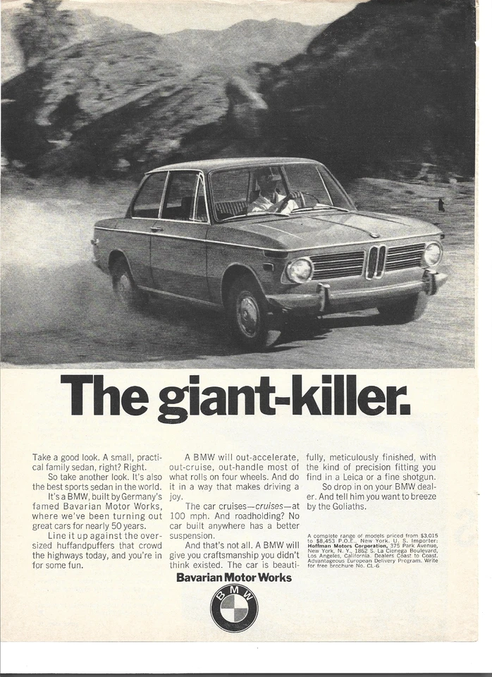 Оригинальная винтажная печатная реклама 1970 BMW 2002: «Гигант-убийца». - Изображение 1 из 1
