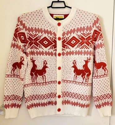 Cardigã de Natal Tipsy Elves Naughty Reindeer masculino tamanho G vermelho branco limpo! - Imagem 1 de 4