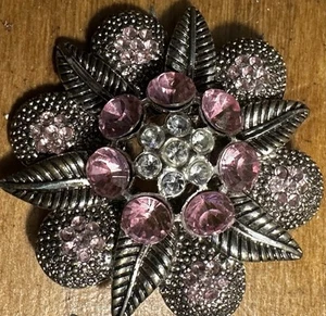 Vintage Rhinestone 2” Flower Pink Crystal Brooch Pin Silver Tone - Retro Fashion - Picture 1 of 10