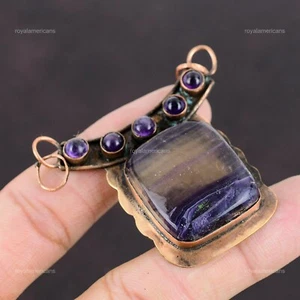 Multi Fluorite Stone African Amethyst Copper Christening Designer Bezel Pendant - Picture 1 of 6
