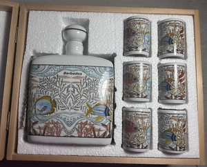 Caribbean Marine Life Barbados Porcelain Decanter Set W/ 6 Shot Glasses NEW! - Picture 1 of 14