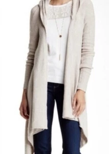 Free People Sz XS Long Draping Open Front Neutral Beige Oatmeal Hooded Cardigan - Picture 1 of 9