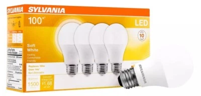 SYLVANIA LED A19 Light Bulb, 100W=14W, Non-Dimmable, 1500LM, Soft White, 4 Pk - Image 1 of 3