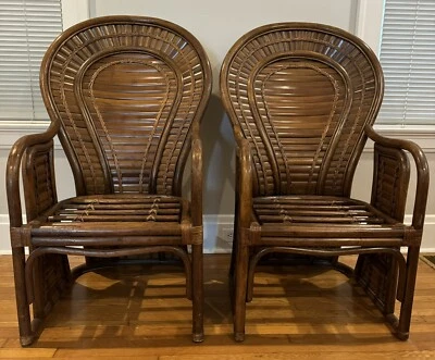 Par de sillones vintage Hollywood Regency Boho Chic madera Brent ratán abanico respaldo Foto 1 de 4