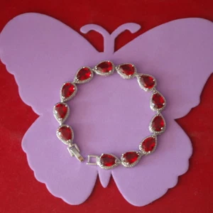Beautiful 18K White Gold Gp With Red Ruby Bracelet 19.4 Gr. 7" Inc. In Gift Box - Picture 1 of 7