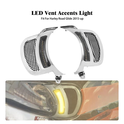 Chrome Headlight Vent Accent w/ Black Grille LED Light Fit For Harley Road Glide - Image 1 of 4
