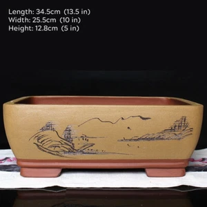 13" Extra Large Black Bonsai Plant Pot Chinese Unglazed Shallow Planter W Hole - Picture 1 of 36