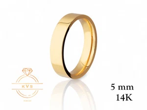 14K Yellow Gold 5mm FLAT Wedding Band Ring - Comfort Fit High Polished New - Picture 1 of 9