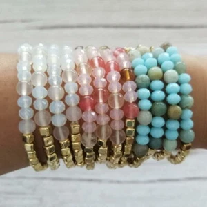 4 Stck./Set Achat Naturstein Glasperlen Goldwürfel Dehnbar Sommer Armband - Bild 1 von 36