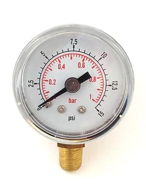 KINSTRUMENTATION Low Pressure Gauge for fuel air oil or water 40mm 0/15 PSI & Bar 1/8 BSPT Bottom