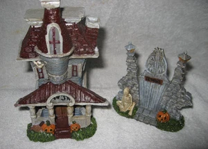 Halloween Haunted House & Gate Figurines Set of 2 w/ Ghost, Skeleton & Pumpkins - Picture 1 of 8
