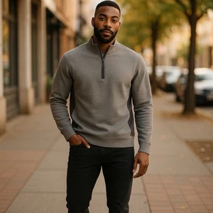 Hugo Boss 1/4 Zip Pullover Sweater Mens Large Regular Fit Gray/Black Accents NWT - Picture 1 of 7