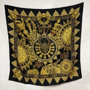 Hermes 90 The Chiefs' Gold Silk Scarves Black m1_0603 - Picture 1 of 6