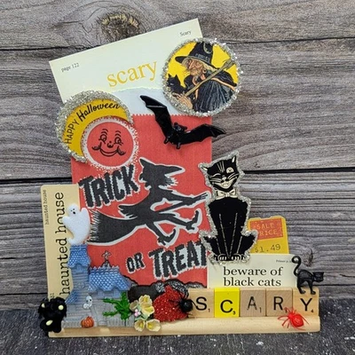 Scrabble Tiles on Rack SCARY with Vintage Haunted House & Cat - Image 1 of 4