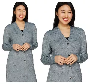 DENNIS BASSO GREY V - NECK RIBBED LONG CARDIGAN SWEATER Sz XS NEW $ 70 - Picture 1 of 1