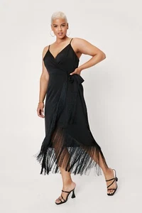 Nasty Gal size 24 Fringe Trim Satin Wrap Maxi Dress Sleeveless black NWT - Picture 1 of 8