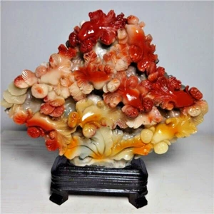 2050g Natural "Shoushan bloodstone" carved goldfish statue+stand  z883 - Picture 1 of 10