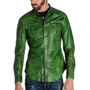 Nuevo Hombre Genuino Cuero Piel Cordero Verde Camisa Elegante Suave Corte Slim - Imagen 1 de 3
