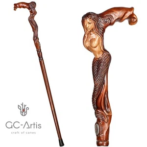 Wooden Walking Cane Mermaid D Hand carved Siren girl crafted Stick for men - Picture 1 of 14