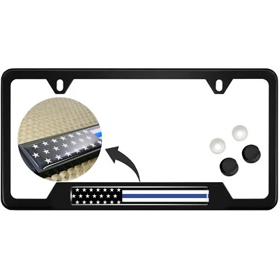Stainless Steel Black 2-hole CAR License Plate Frame - Thin Blue Line USA Flag - Image 1 of 4