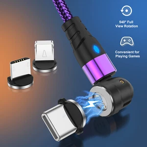 180 + 360° Rotate Magnetic Phone Charger USB Cable Cord For iPhone Type C Micro - Picture 1 of 30