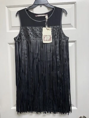 Vestido Chelsea & Violeta Negro Imitación Cuero Recortado Flecos Grande Nuevo con Etiquetas ¡Increíble! Foto 1 de 4