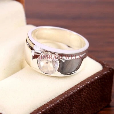 Piedras preciosas de topacio blanco natural con anillo de plata de ley 925 para hombre #185 Foto 1 de 3