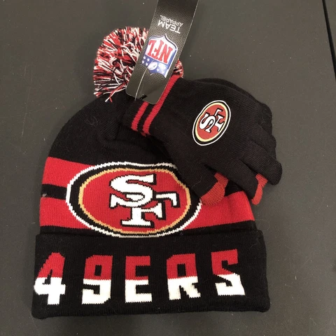 San Francisco 49ers Youth Kids Beanie Hat Pom-Pom Gloves Set NFL Black Red OSFM Cover
