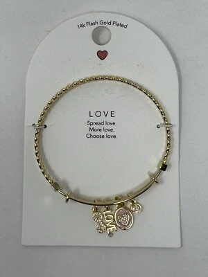 NEW 14k Flash Gold Plated "Love" Bangle Bracelet with 4 Charms - Great Gift! - Image 1 of 2