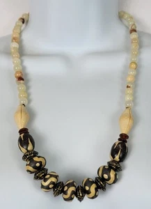 Vtg. Tribal Hand Painted Wood And Agate Beaded Necklace Multicolor 26" Box Clasp - Picture 1 of 9