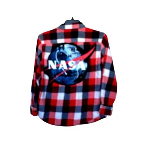 NASA Flannel Button Down Shirt Kids SIZE 14 Unique Red White Blue Space Travel - Picture 1 of 5