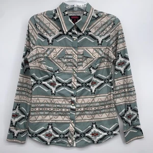Rock & Roll Shirt Womens Medium Green Geometric Pearl Snap Rodeo Western Cowgirl - Picture 1 of 7