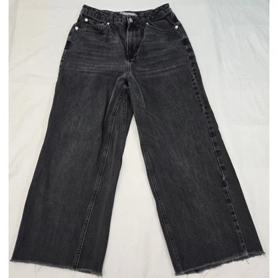 Topshop MOTO W28 Wide Leg Cropped Jeans Raw Hem Black Wash High Rise Denim - Image 1 of 4