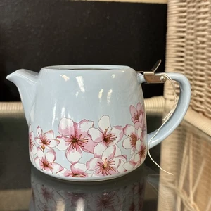Alfred Ceramic and Stainless Steel Teapot Baby Blue W/Cherry Blossoms 🌸 - Picture 1 of 5