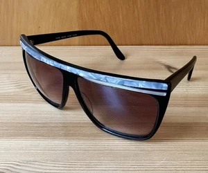 Vintage Black Sunglasses Double Brow Bar Gray Pearl Round Purple Lens Hong Kong - Picture 1 of 10