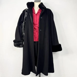 Abrigo Columpio Negro Lana Vint Imitación Piel Puños Cuello Invierno EE. UU. Glamour Antiguo Hollywood - Imagen 1 de 7